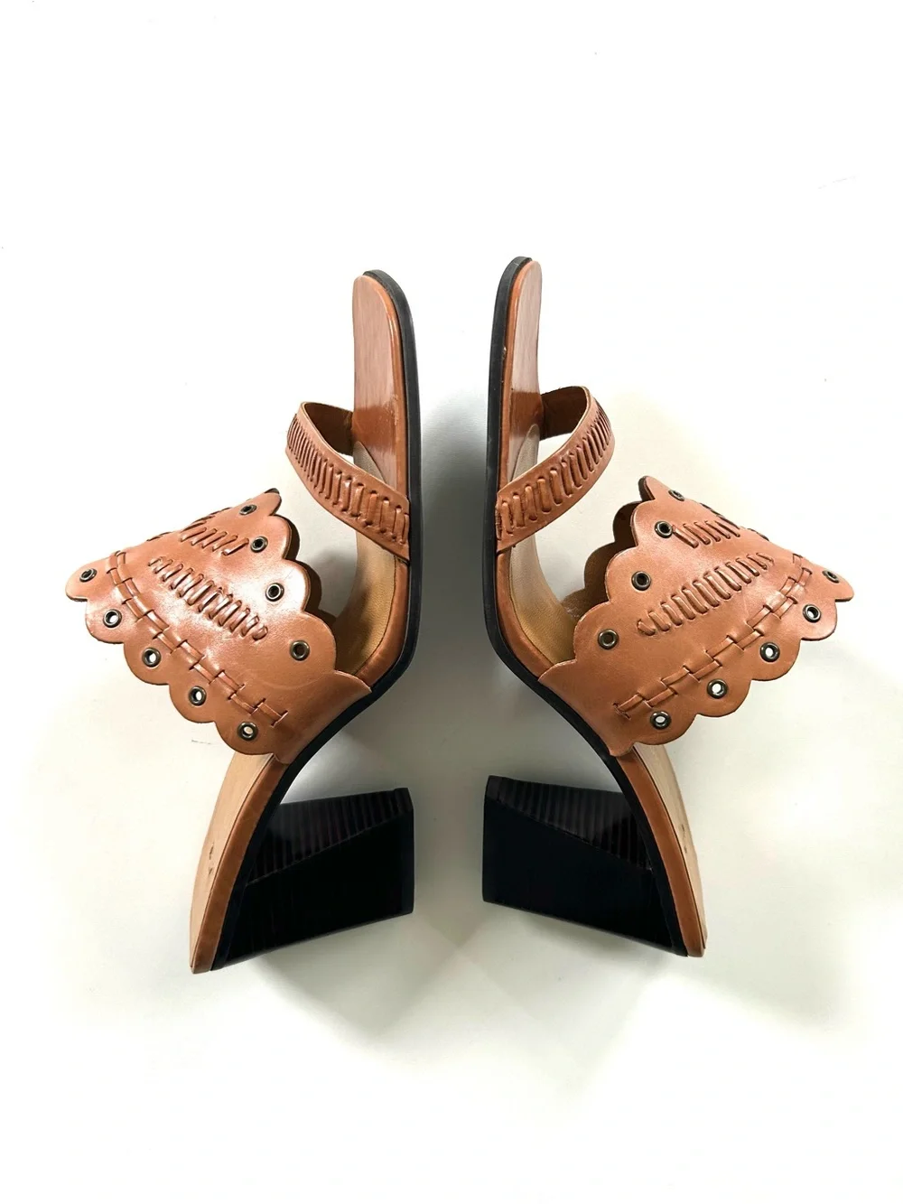 Enzo Angiolini Tan Brown Genuine Leather Woven Studded Open Toe Slide Heels